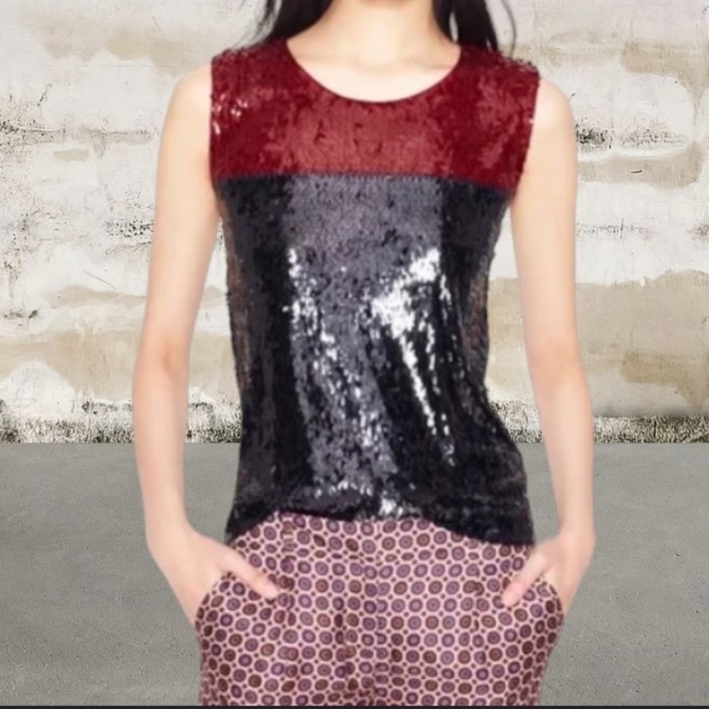 J Crew Collection Sequin Embellished Tank Blouse size M Red Navy